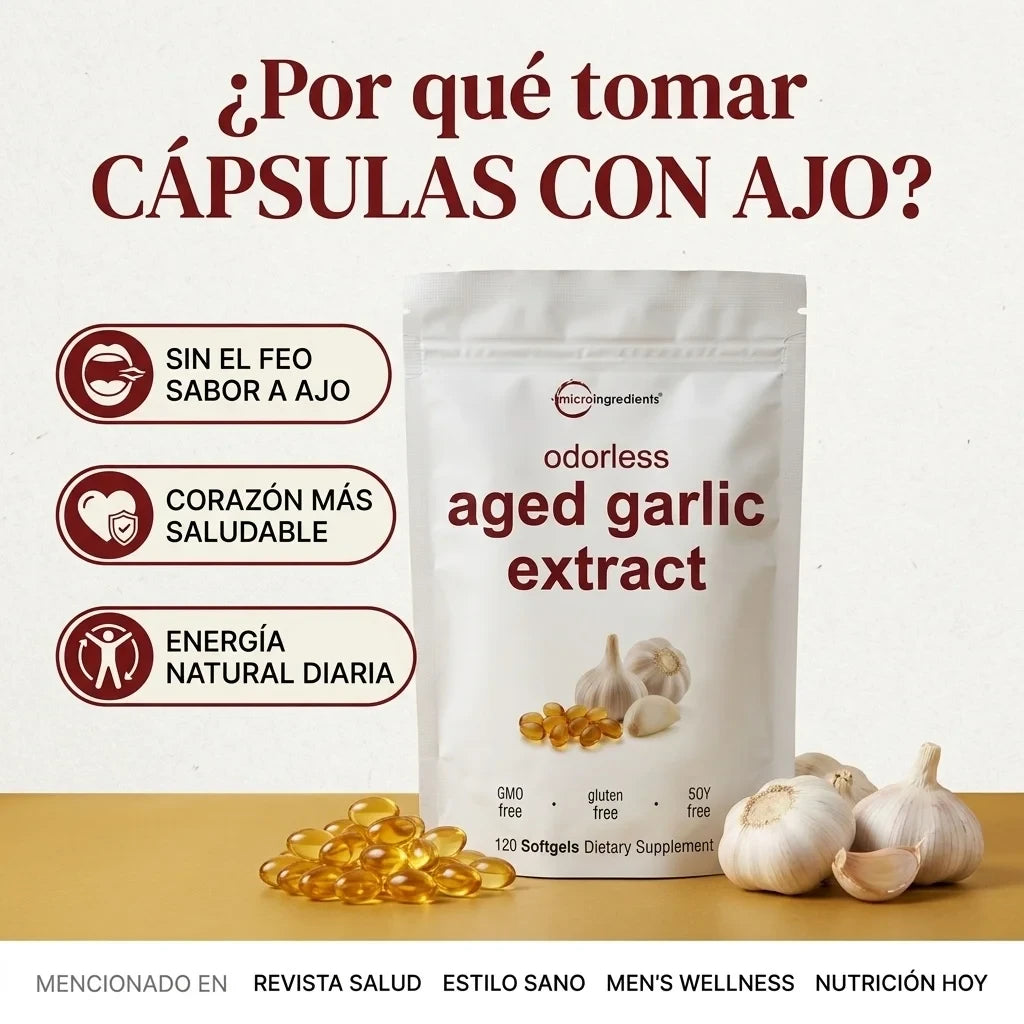 AGED GARLIC EXTRACT™ Extracto de Ajo Envejecido 24 Meses Sin Olor, Sin OMG y Sin Gluten, cuida tu corazon.