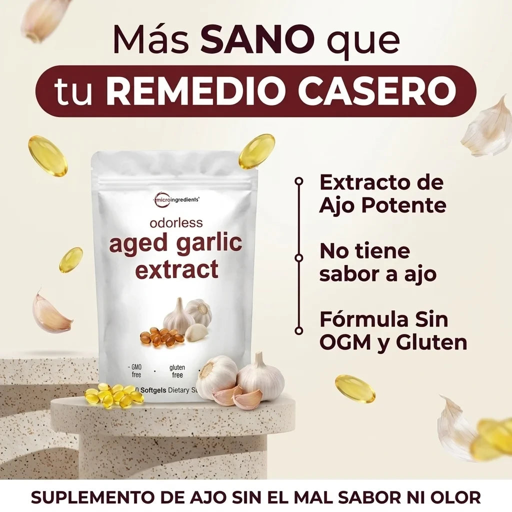 AGED GARLIC EXTRACT™ Extracto de Ajo Envejecido 24 Meses Sin Olor, Sin OMG y Sin Gluten, cuida tu corazon.