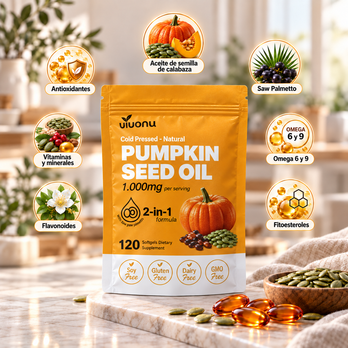 -Aceite de Semilla de Calabaza + Saw Palmetto - Apoyo Contra la Caída del Cabello - Nutre y Fortalece desde la Raíz - 120 Cápsulas Blandas