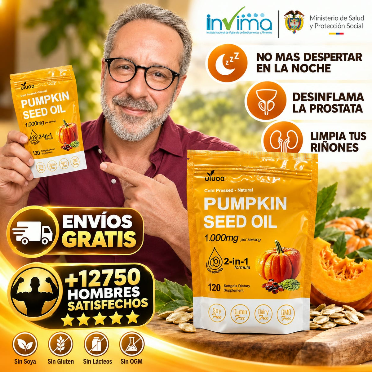-Aceite de Semilla de Calabaza + Saw Palmetto, VivoNu™  Apoyo para la Próstata y la Salud Urinaria, 120 Cápsulas Blandas