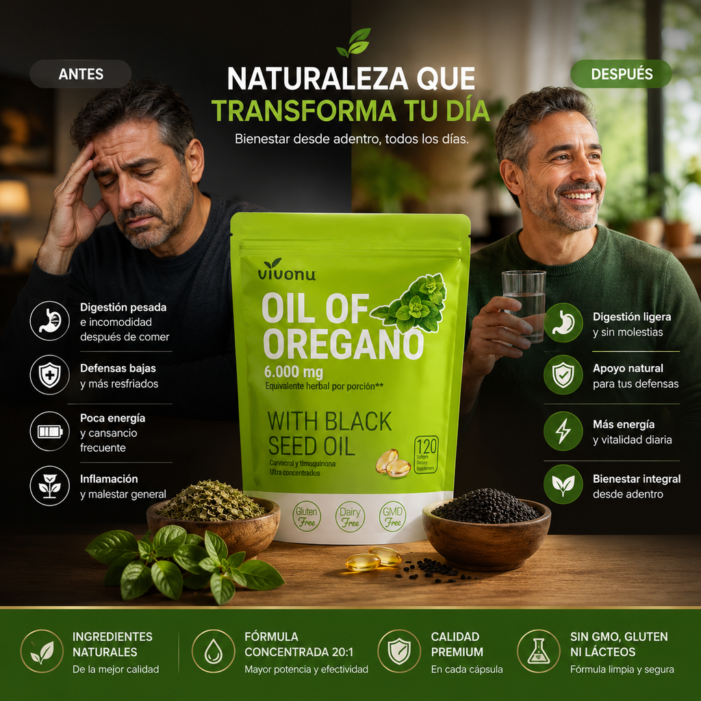 VivoNu™ Aceite de Orégano + Aceite de Semilla Negra ayuda a tu Bienestar Digestivo e Inmunológico