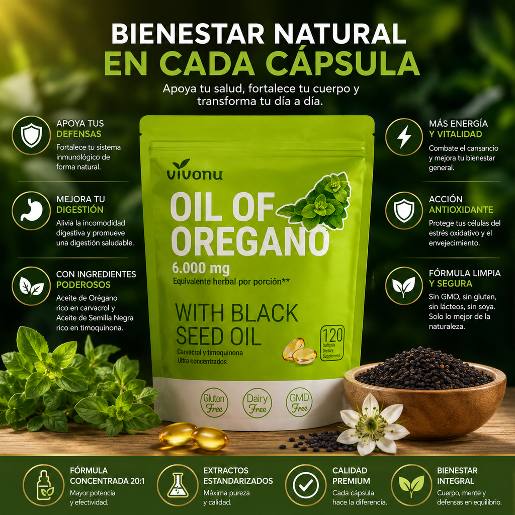 VivoNu™ Aceite de Orégano + Aceite de Semilla Negra ayuda a tu Bienestar Digestivo e Inmunológico