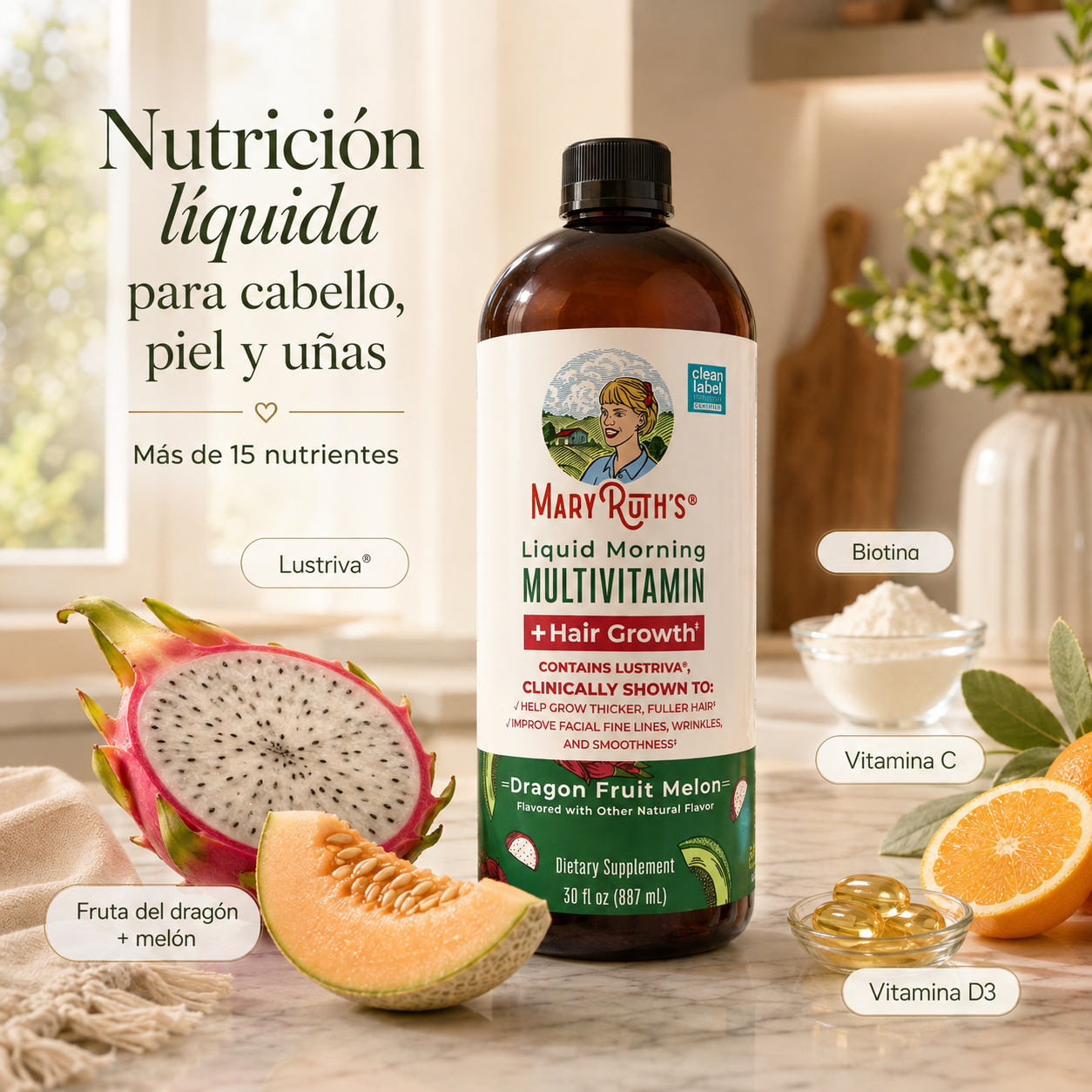 MaryRuth’s Hair Growth + Lustriva® Ayuda a recuperar fuerza, grosor y abundancia.