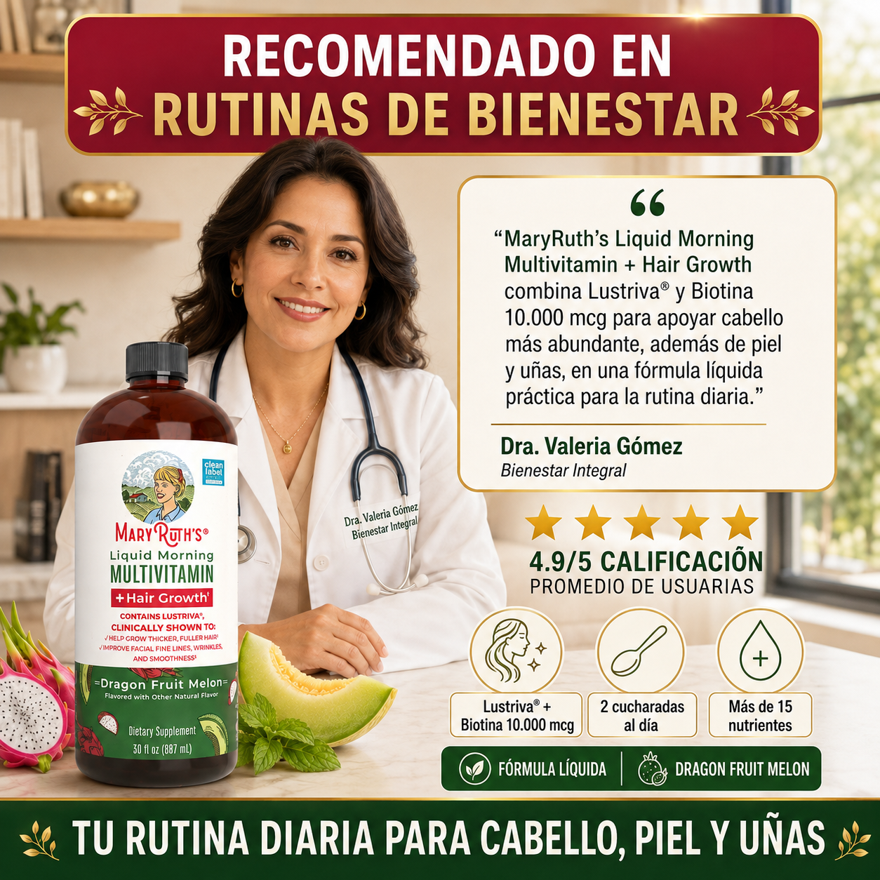 MaryRuth’s Hair Growth + Lustriva® Ayuda a recuperar fuerza, grosor y abundancia.