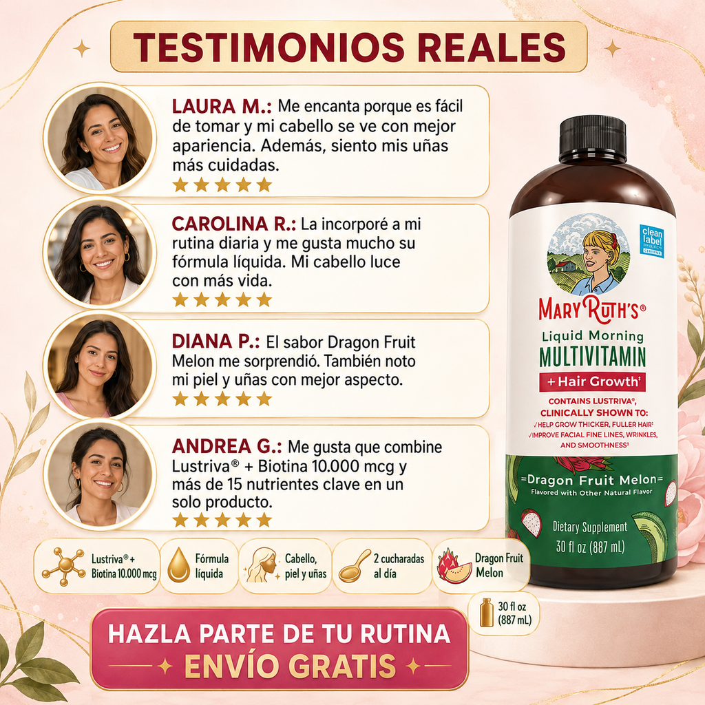 MaryRuth’s Hair Growth + Lustriva® Ayuda a recuperar fuerza, grosor y abundancia.