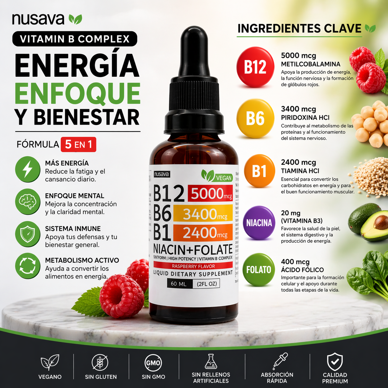 Nusava™ Vitamina B12 Complejo Líquido 5000 mcg Energía y enfoque rapido