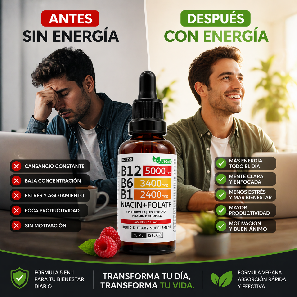 Nusava™ Vitamina B12 Complejo Líquido 5000 mcg Energía y enfoque rapido