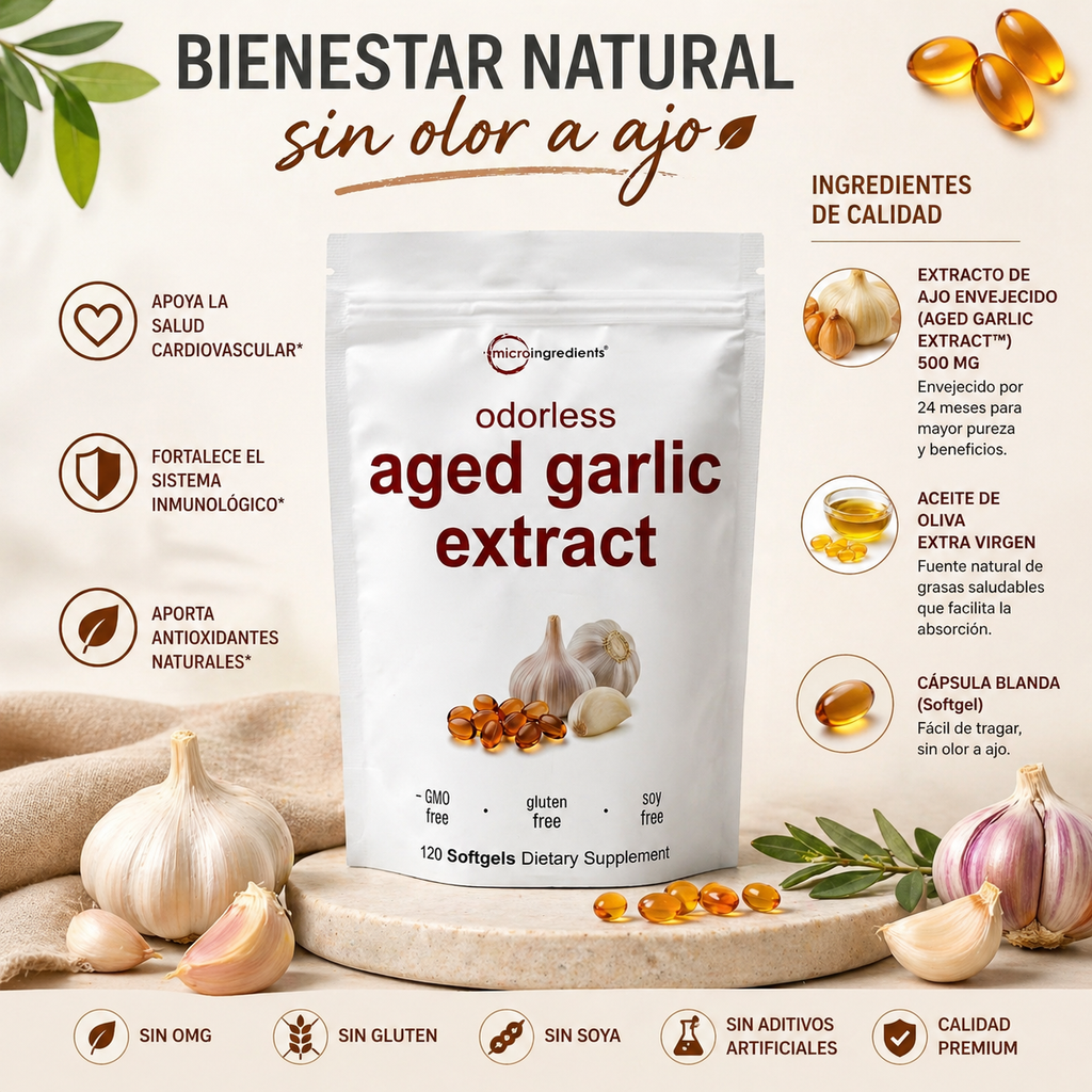 AGED GARLIC EXTRACT™ Extracto de Ajo Envejecido 24 Meses Sin Olor, Sin OMG y Sin Gluten, cuida tu corazon.