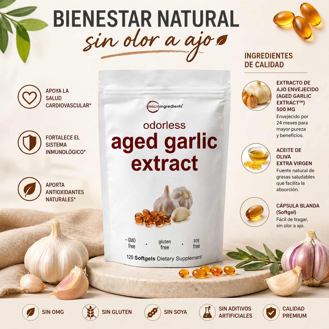 AGED GARLIC EXTRACT™ Extracto de Ajo Envejecido 24 Meses Sin Olor, Sin OMG y Sin Gluten, cuida tu corazon.