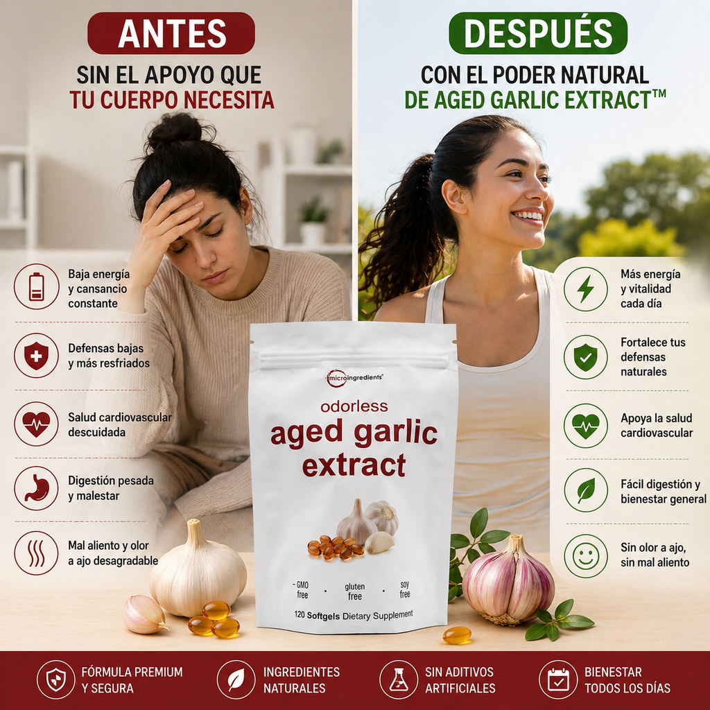AGED GARLIC EXTRACT™ Extracto de Ajo Envejecido 24 Meses Sin Olor, Sin OMG y Sin Gluten, cuida tu corazon.