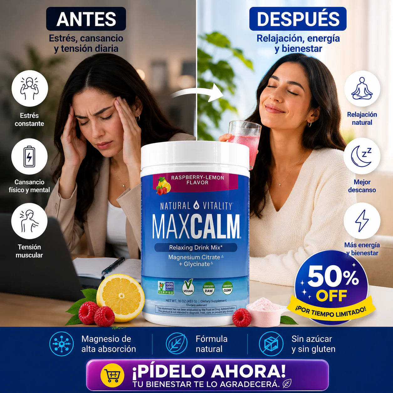MAX CALM® Bebida Relajante de Magnesio, reduce el cortisol