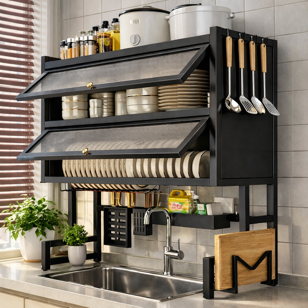 Escurridor de Platos de 2 Niveles con puertas, dale un aire de paz a tu cocina con este hermoso organizador