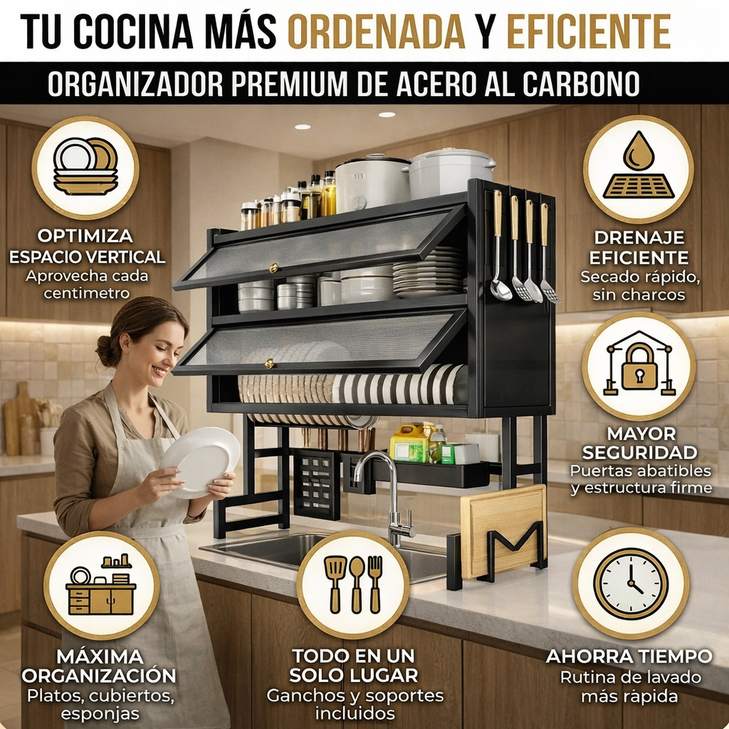 Escurridor de Platos de 2 Niveles con puertas, dale un aire de paz a tu cocina con este hermoso organizador