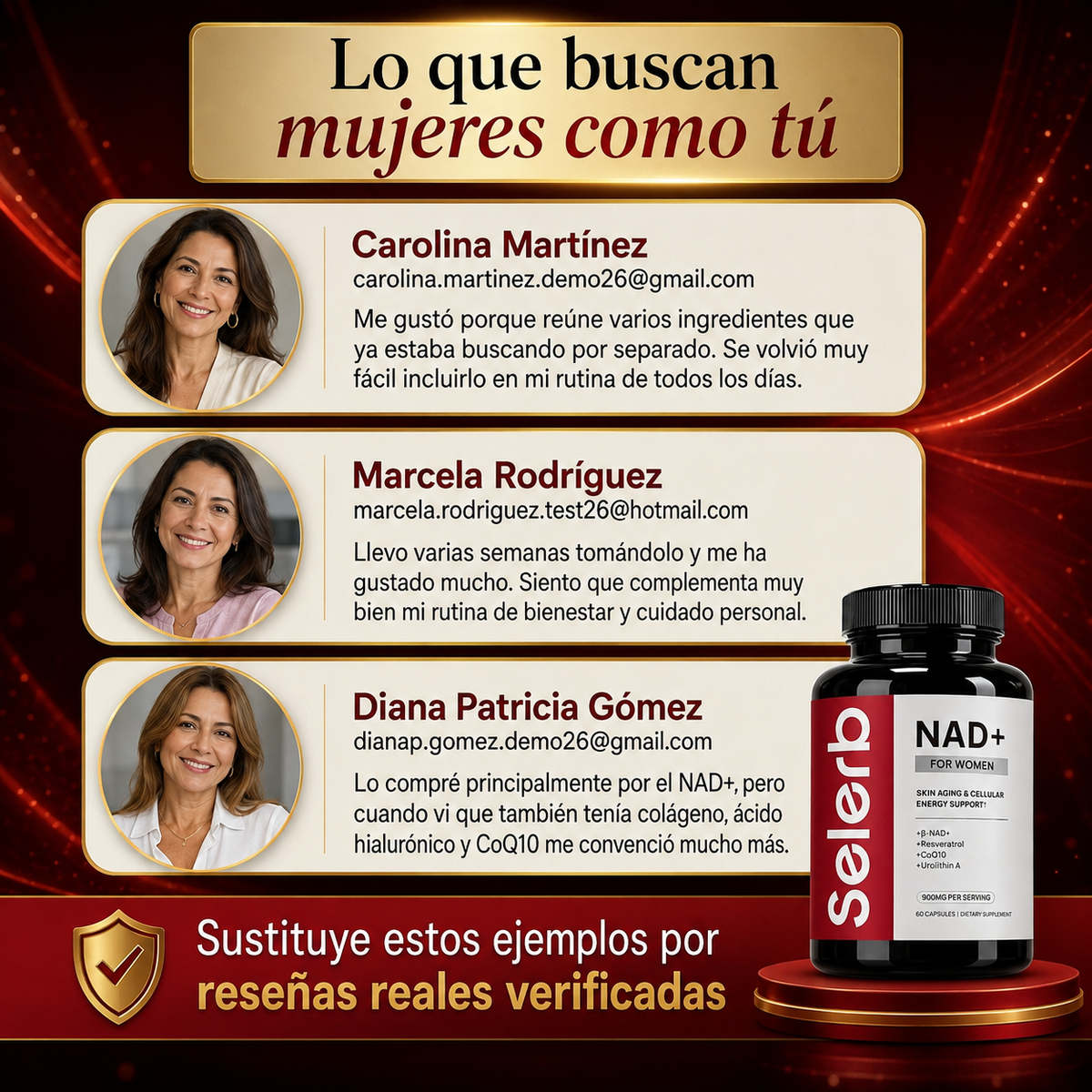 SELERB NAD+ Liposomal para Mujer - Energía Celular, Piel Radiante y Antienvejecimiento con CoQ10, Resveratrol y Colágeno - 60 Cápsulas
