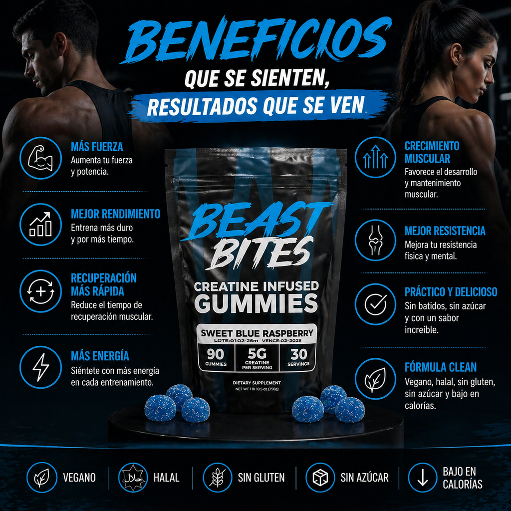 Beast Bites™ Creatina en Gomitas Veganas Sin Azúcar, Fuerza y Recuperación Muscular rapida, que esperas para probarlas