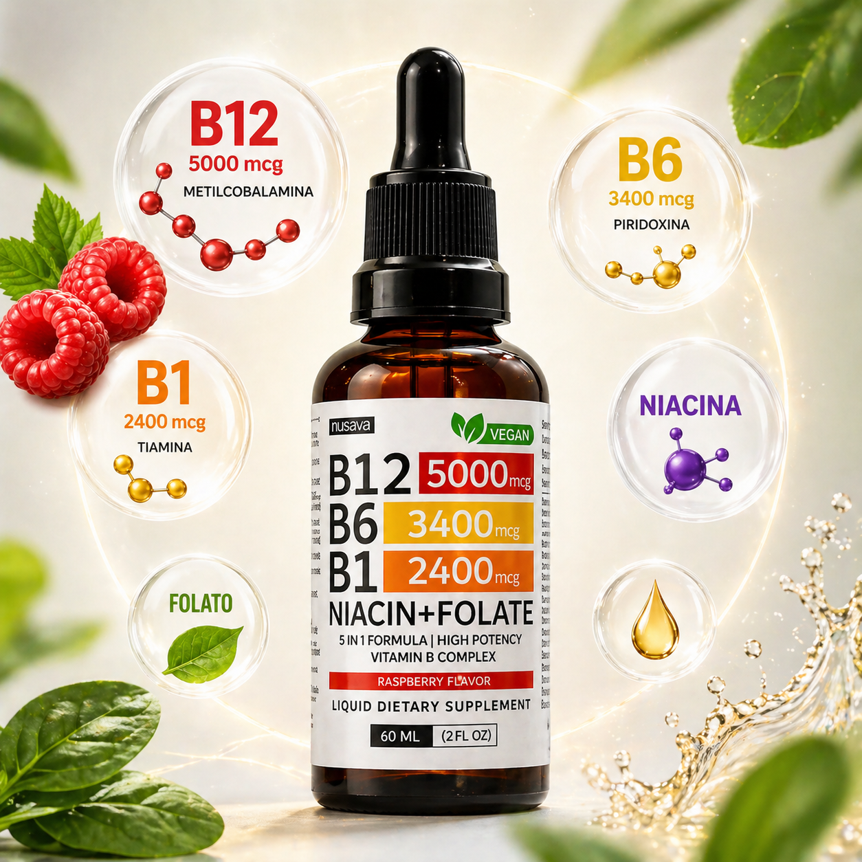 Nusava™ Vitamina B12 Complejo Líquido 5000 mcg Energía y enfoque rapido