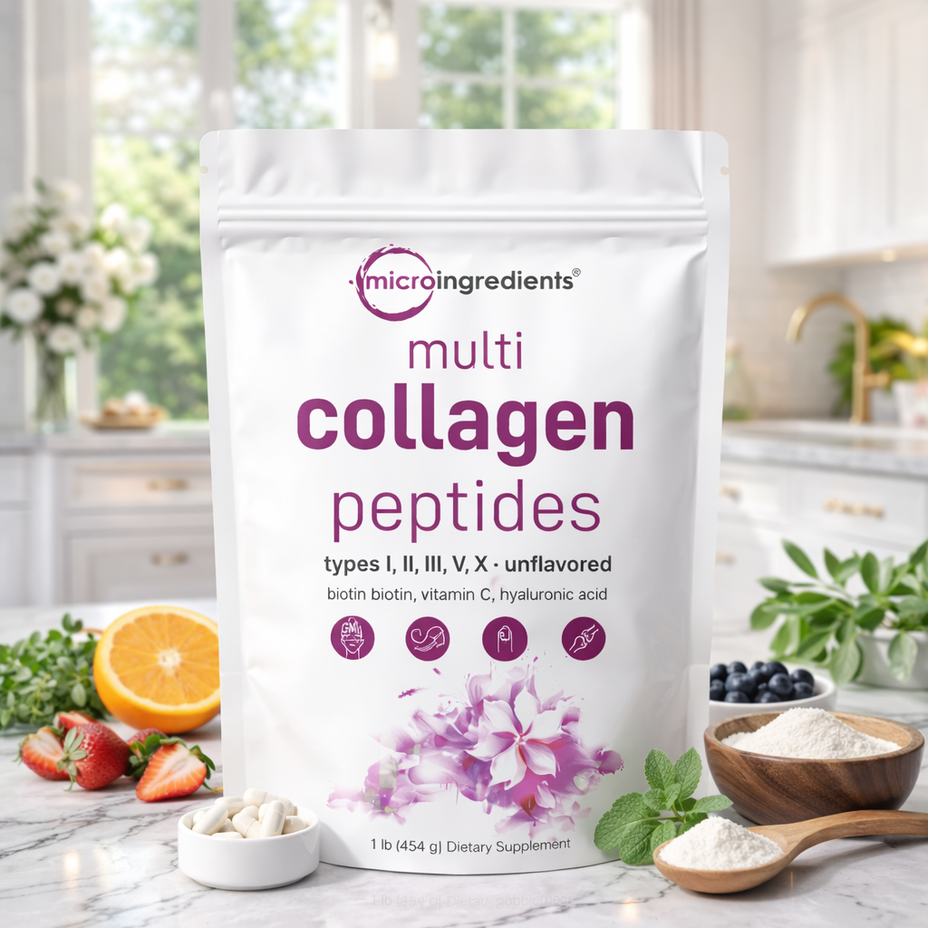 Multicolageno de Péptidos Microingredients® 1lb  Mezcla Avanzada de 5 Colágenos, Biotina, Vitamina C y Ácido Hialurónico