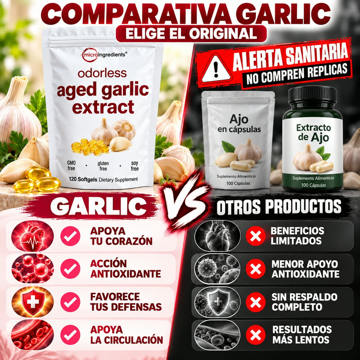 -AGED GARLIC EXTRACT™ Extracto de Ajo Envejecido 24 Meses Sin Olor, Sin OMG y Sin Gluten, cuida tu corazon.