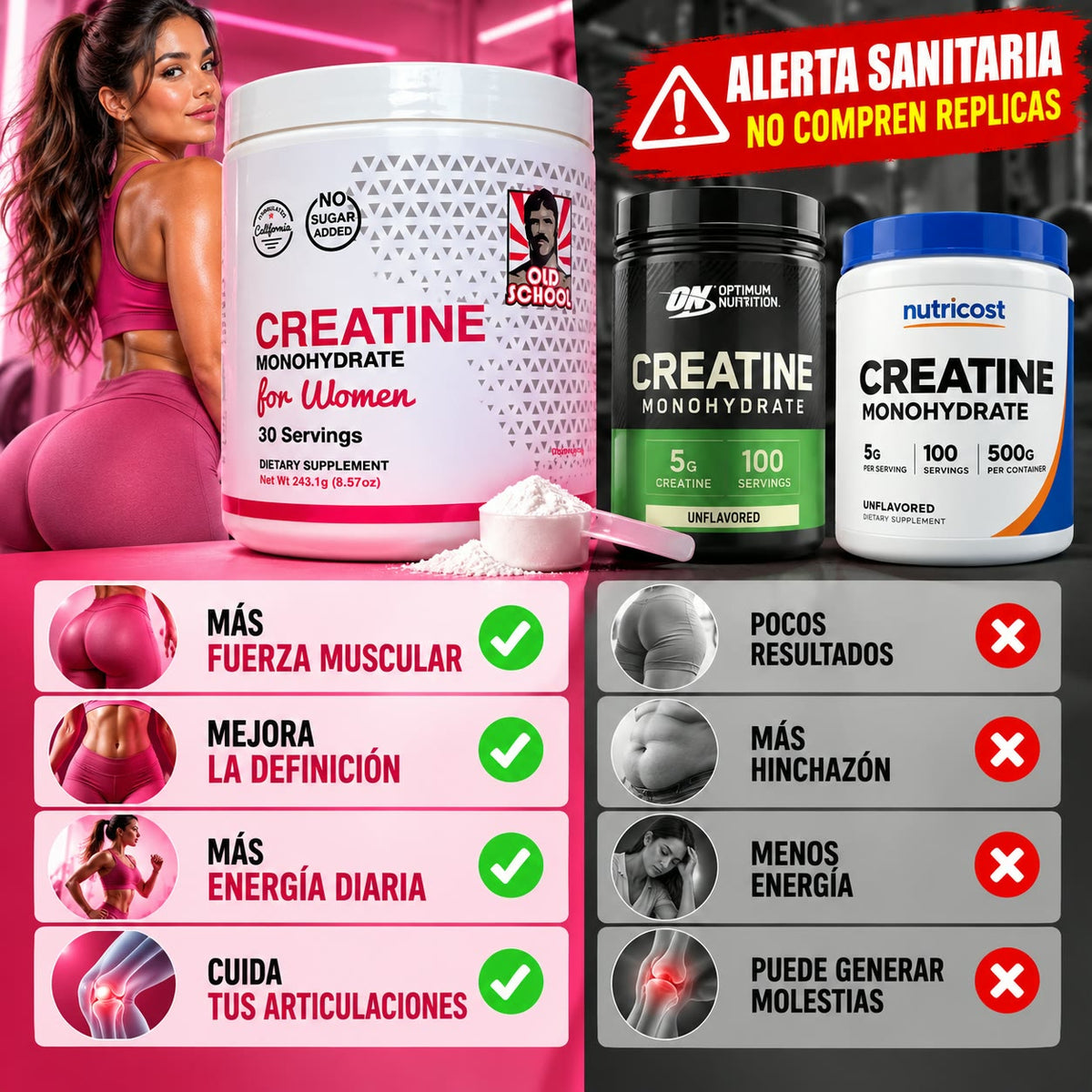 -Creatina para Mujeres Old School Labs® Más Fuerza, Más Glúteo, Más Recuperación
