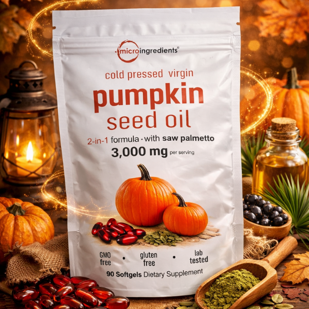 Pumpkin Seed Oil Microingredients®  3000 mg™ + Saw Palmetto Apoya tu Salud Prostática y fortalece tu cabello desde hoy.