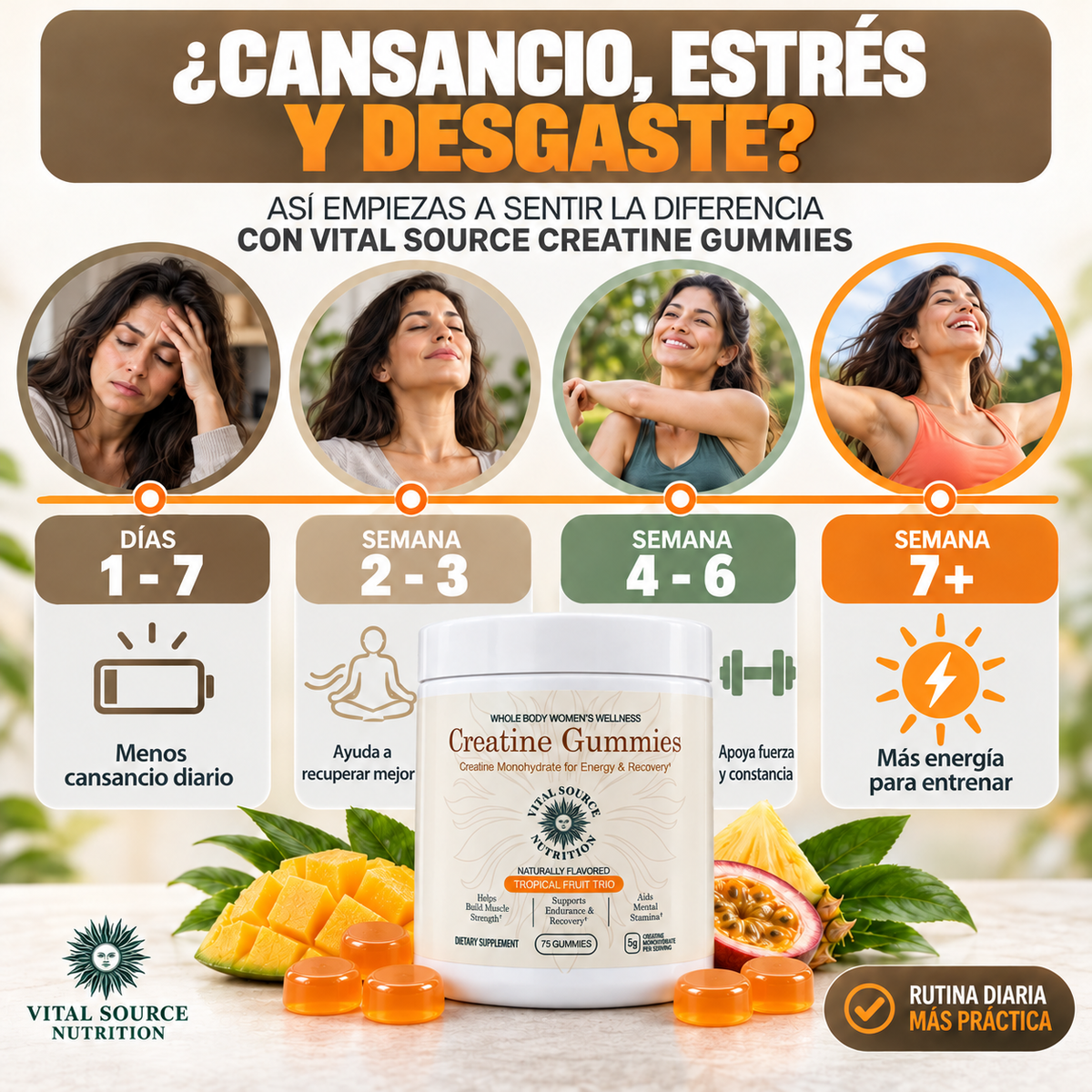 Creatina en Gomitas para Mujer - Más Fuerza, Energía y Recuperación en Cada Entrenamiento - Sabor Frutas Tropicales - 75 Gomitas
