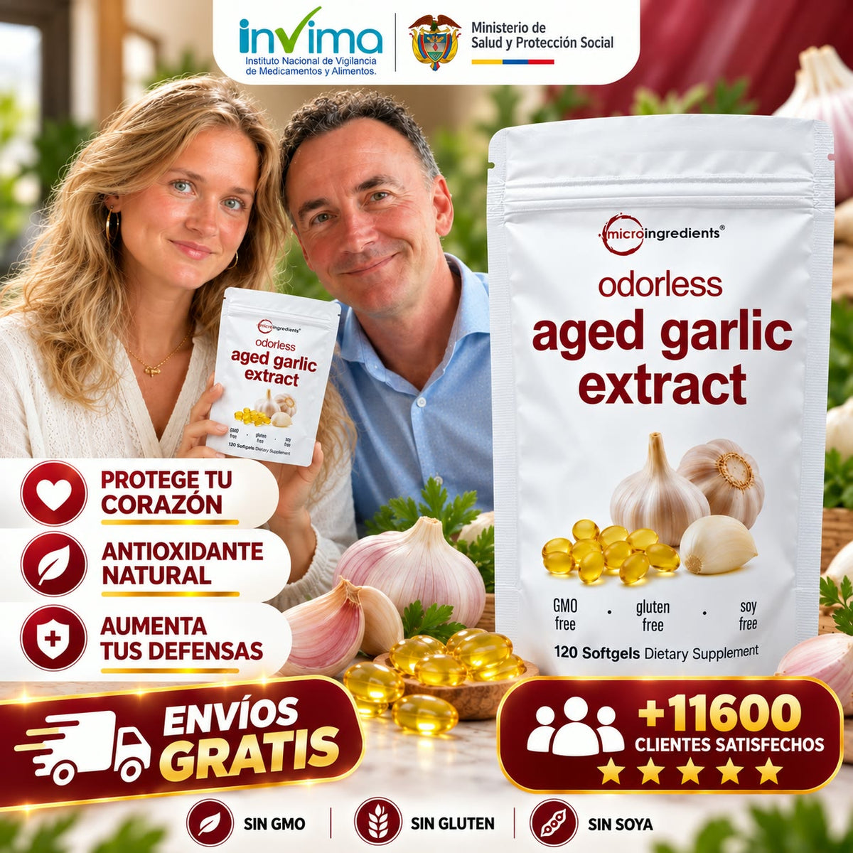 -AGED GARLIC EXTRACT™ Extracto de Ajo Envejecido 24 Meses Sin Olor, Sin OMG y Sin Gluten, cuida tu corazon.