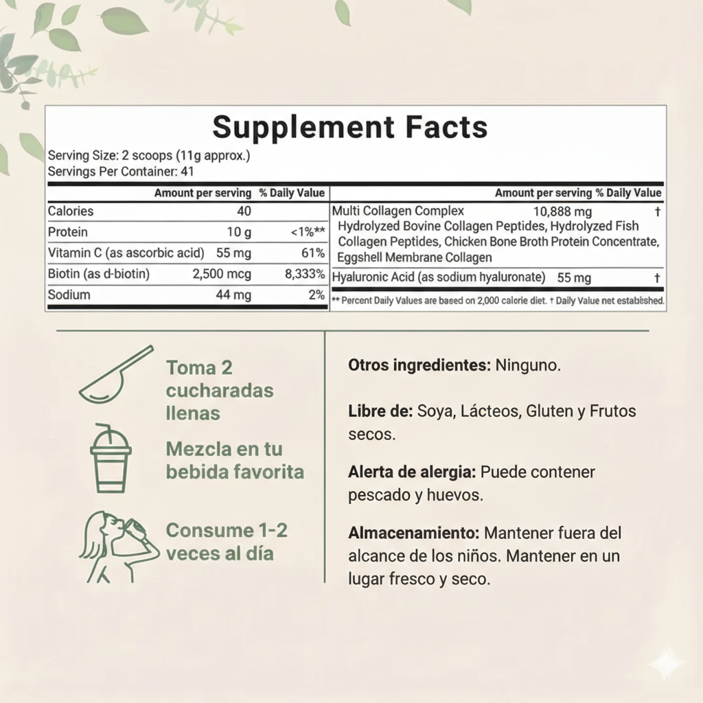 Multicolageno de Péptidos Microingredients® 1lb  Mezcla Avanzada de 5 Colágenos, Biotina, Vitamina C y Ácido Hialurónico
