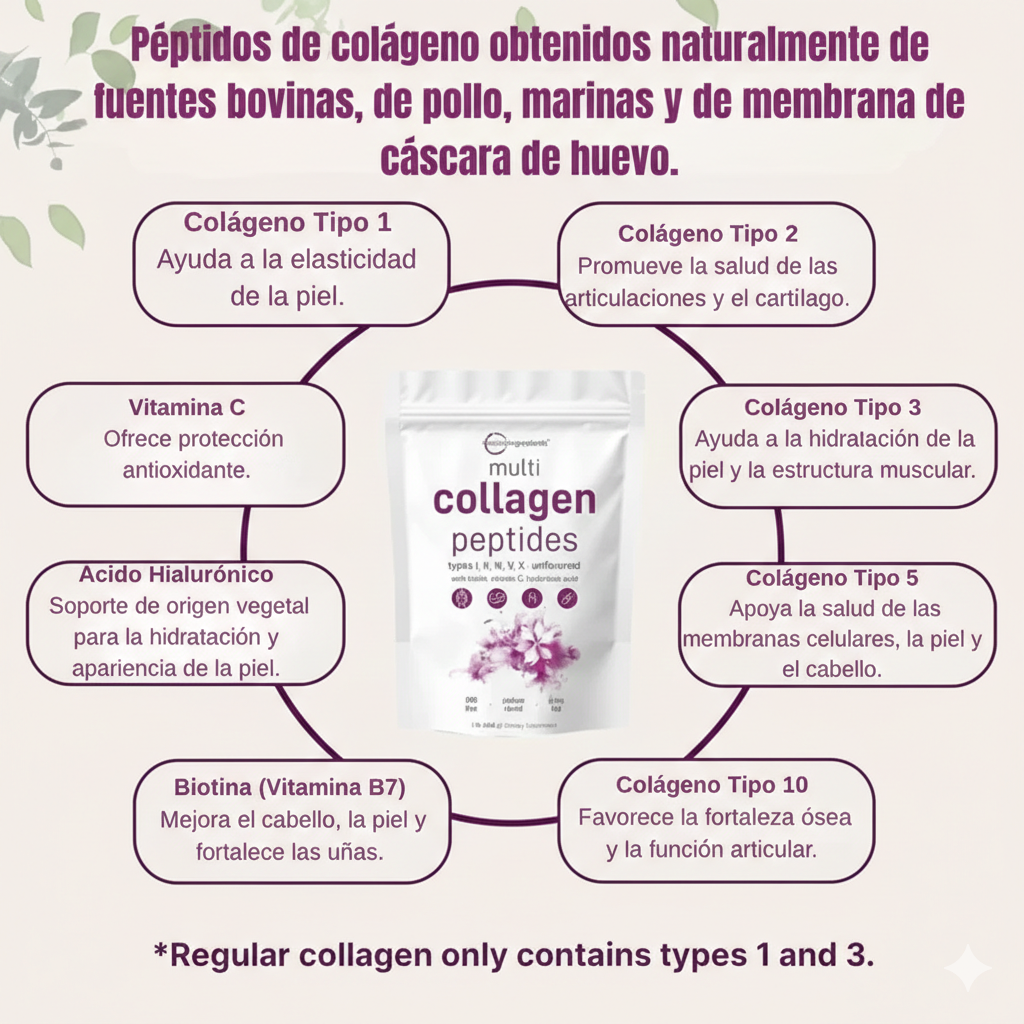 Multicolageno de Péptidos Microingredients® 1lb  Mezcla Avanzada de 5 Colágenos, Biotina, Vitamina C y Ácido Hialurónico