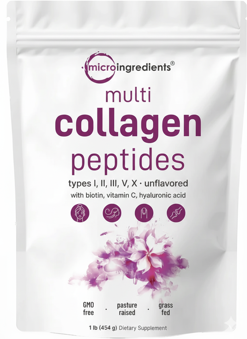 Multicolageno de Péptidos Microingredients® 1lb  Mezcla Avanzada de 5 Colágenos, Biotina, Vitamina C y Ácido Hialurónico