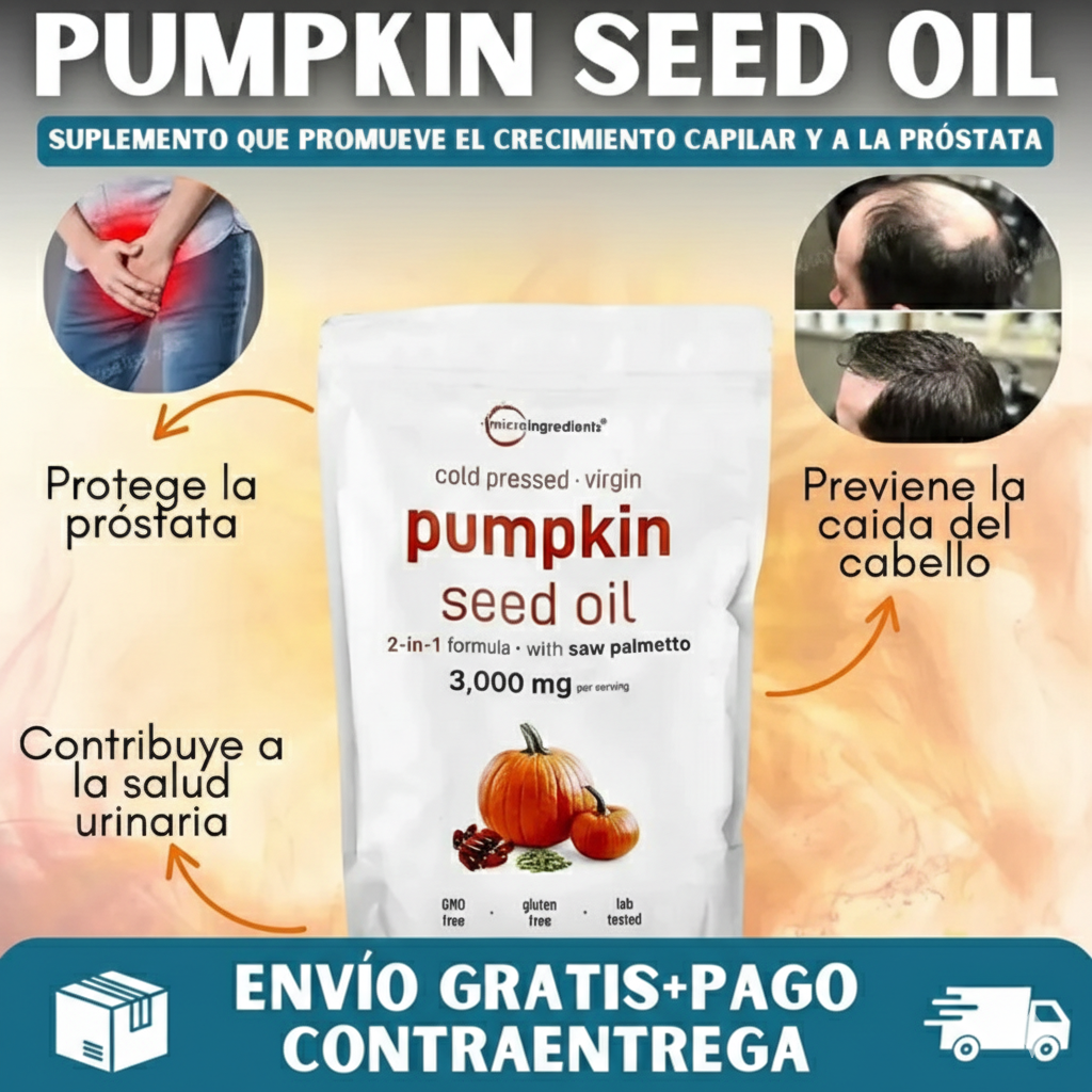 Pumpkin Seed Oil Microingredients®  3000 mg™ + Saw Palmetto Apoya tu Salud Prostática y fortalece tu cabello desde hoy.