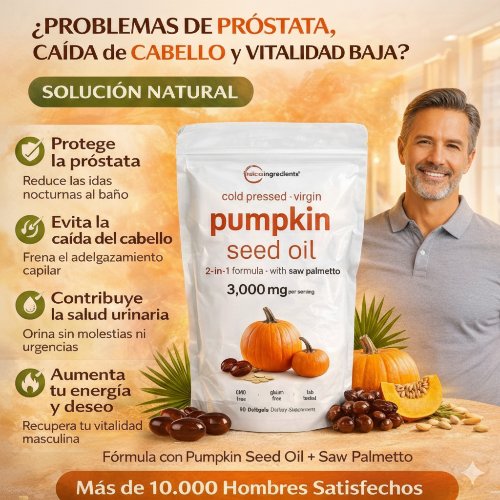 Pumpkin Seed Oil Microingredients®  3000 mg™ + Saw Palmetto Apoya tu Salud Prostática y fortalece tu cabello desde hoy.