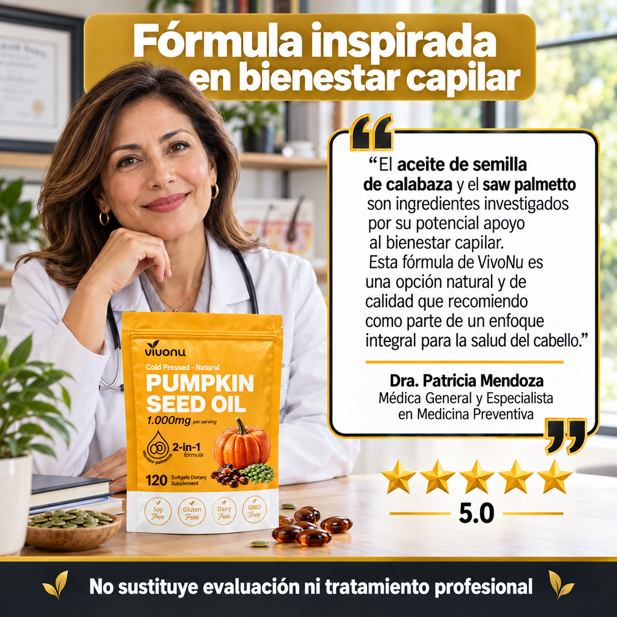 -Aceite de Semilla de Calabaza + Saw Palmetto - Apoyo Contra la Caída del Cabello - Nutre y Fortalece desde la Raíz - 120 Cápsulas Blandas