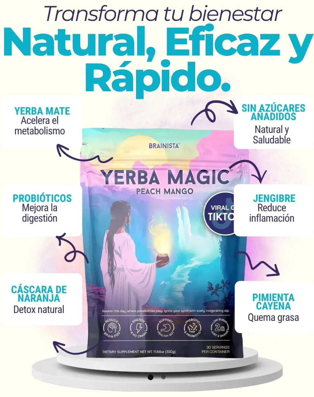 Yerba Magic Peach Mango Brainista™ Fórmula Natural para Mejorar la Digestión y Reducir la Hinchazón