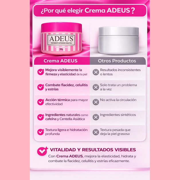 2 Por 1 Crema ADEUS™: Reafirma, Hidrata y Combate Estrías.
