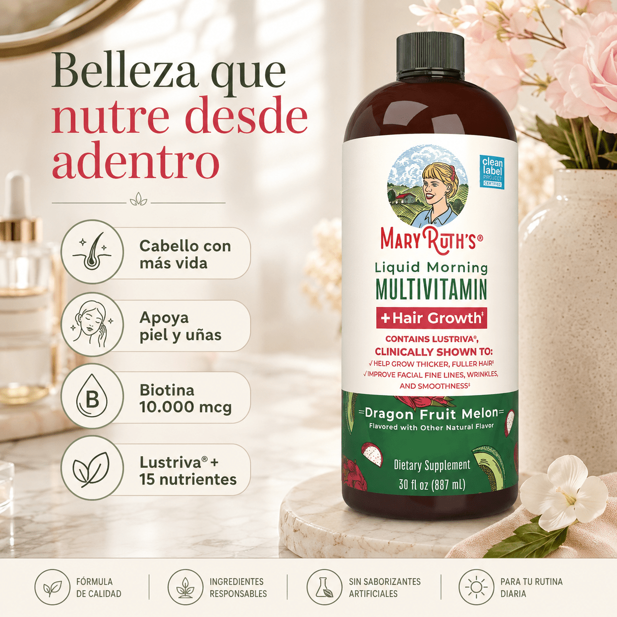 MaryRuth’s Hair Growth + Lustriva® Ayuda a recuperar fuerza, grosor y abundancia.
