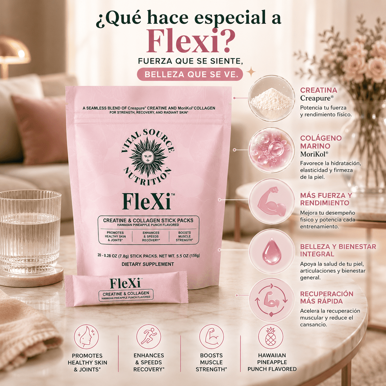 FLEXI™ Creatina y Colágeno Premium, Fuerza + Belleza Diaria, empieza hoy.