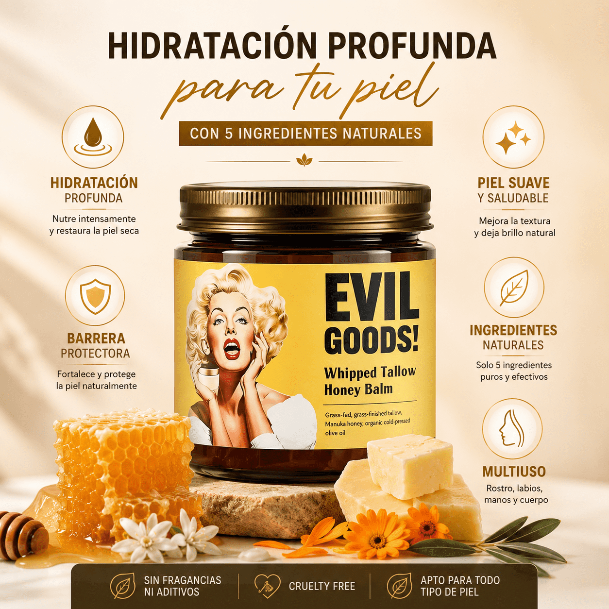 EVIL GOODS™ Bálsamo Batido de Sebo y Miel – Hidratación y Nutrición Profunda, empieza hoy!!