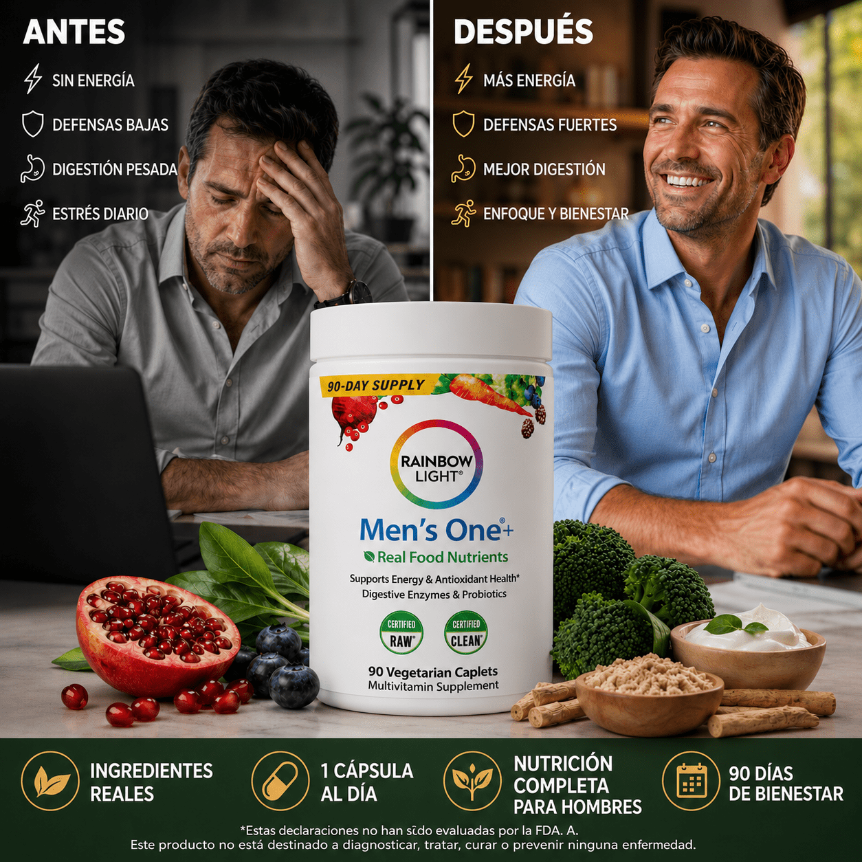 Multivitamínico Rainbow Light®  Recupera Energía, Inmunidad y Salud Digestiva,  empieza a cuidarte hoy.