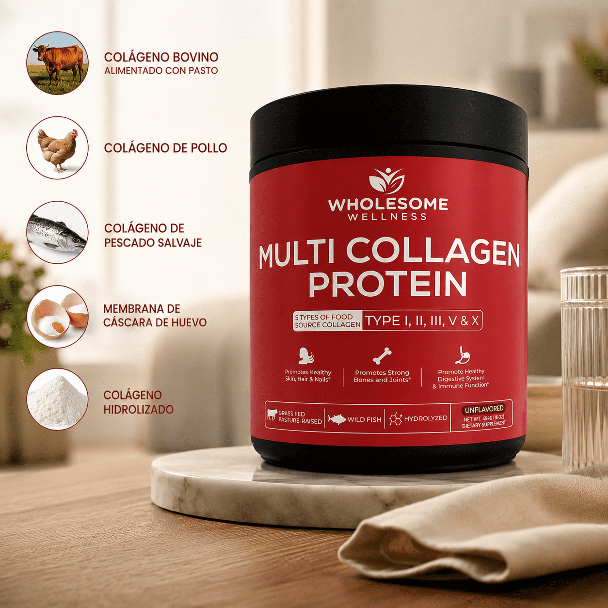 MULTICOLLAGEN PROTEIN™  5 Tipos de Colágeno para Piel, Cabello, Uñas y Articulaciones, empieza hoy