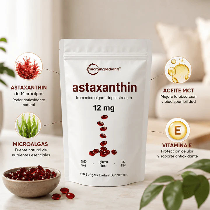 Astaxanthin 12 mg de Microingredients®  Cuida tu piel y riñones  desde hoy con protección antioxidante avanzada