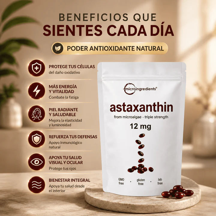 Astaxanthin 12 mg de Microingredients®  Cuida tu piel y riñones  desde hoy con protección antioxidante avanzada