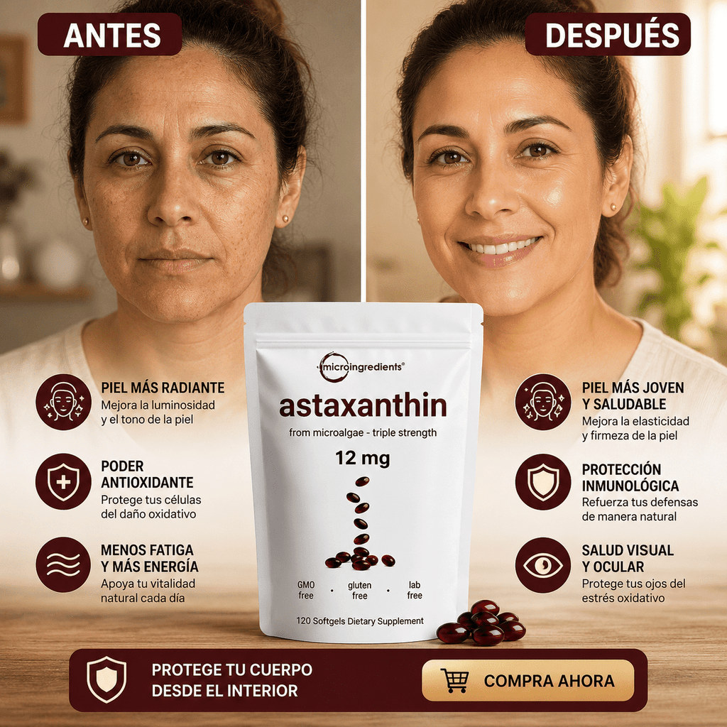Astaxanthin 12 mg de Microingredients®  Cuida tu piel y riñones  desde hoy con protección antioxidante avanzada