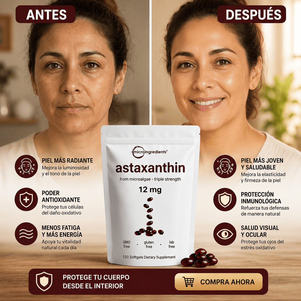 Astaxanthin 12 mg de Microingredients®  Cuida tu piel y riñones  desde hoy con protección antioxidante avanzada