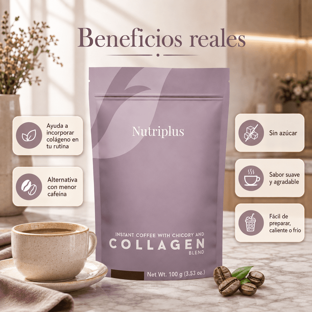 Collagen Nutriplus™ Café con Colágeno delicioso, apoya tu brillo y bienestar articular todo en uno.