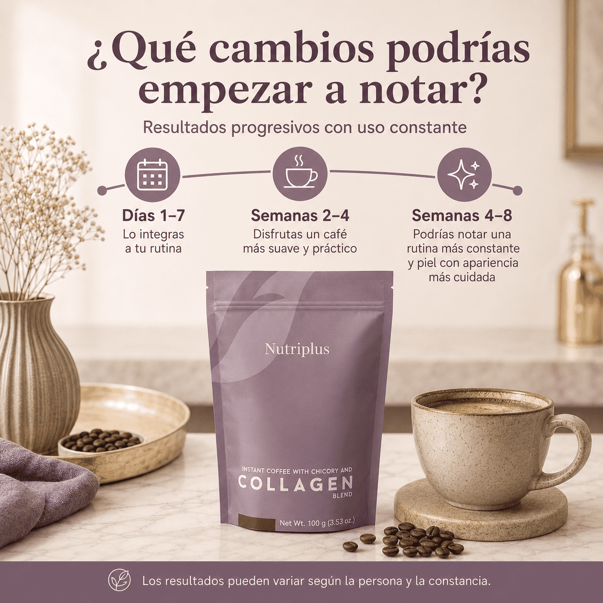 Collagen Nutriplus™ Café con Colágeno delicioso, apoya tu brillo y bienestar articular todo en uno.
