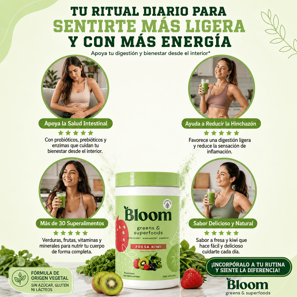Bloom Nutrition® Greens & Superfoods™ Apoya la Salud Intestinal, la Digestión y Ayuda a Reducir la Hinchazón