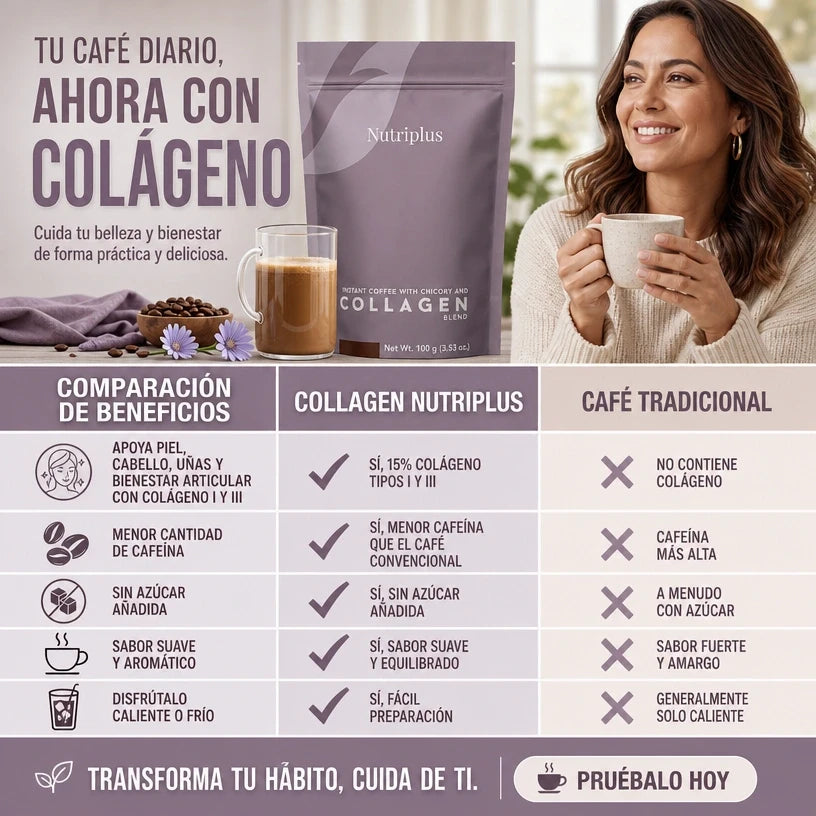 Collagen Nutriplus™ Café con Colágeno delicioso, apoya tu brillo y bienestar articular todo en uno.