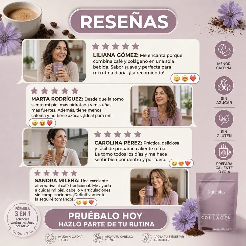 Collagen Nutriplus™ Café con Colágeno delicioso, apoya tu brillo y bienestar articular todo en uno.