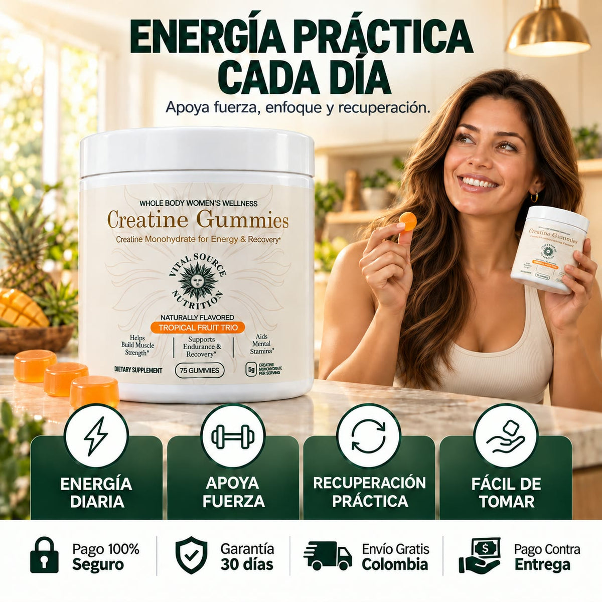 Creatina en Gomitas para Mujer - Más Fuerza, Energía y Recuperación en Cada Entrenamiento - Sabor Frutas Tropicales - 75 Gomitas
