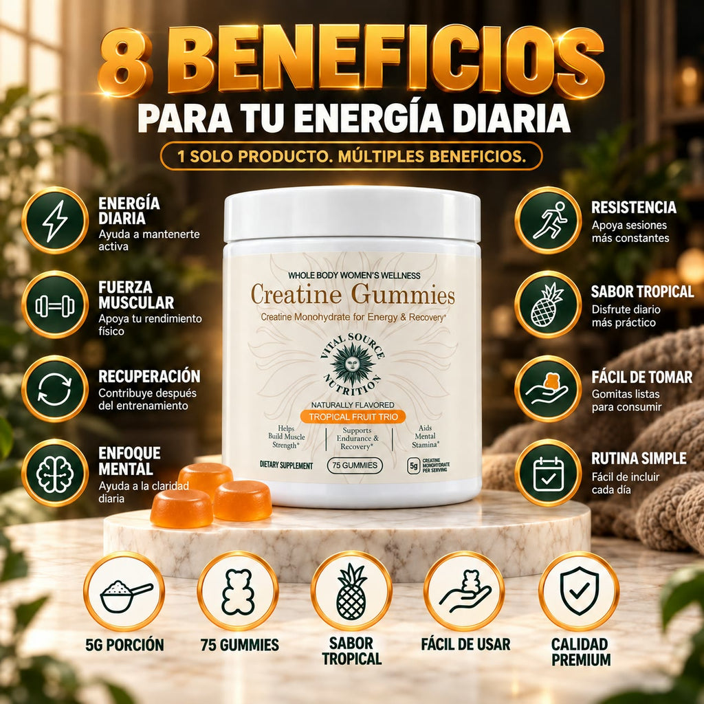 Creatina en Gomitas para Mujer - Más Fuerza, Energía y Recuperación en Cada Entrenamiento - Sabor Frutas Tropicales - 75 Gomitas